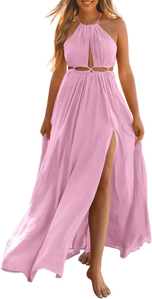 BTFBM Women 2024 Summer Sleeveless Halter Maxi Dress Cutout Backless Slit Boho Party Cocktail Cas... | Amazon (US)