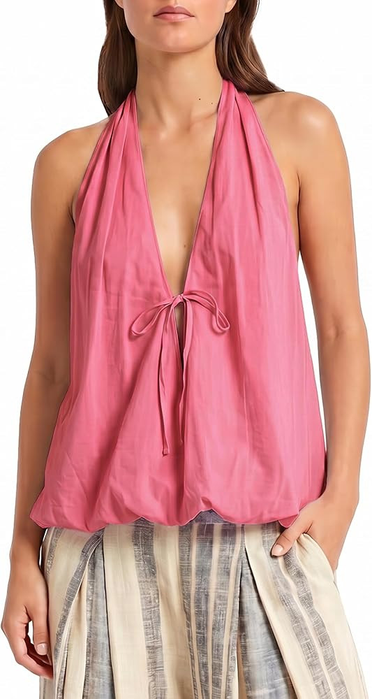 Womens Halter Tank Top Deep V Neck Open Back Sleeveless Cami Summer Beach Backless Going Out Tops | Amazon (US)