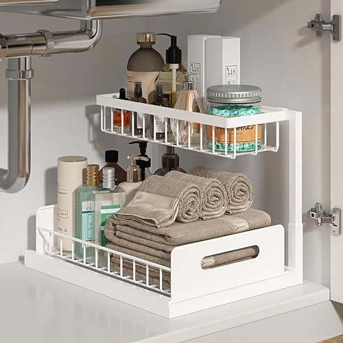REALINN Under Sink Organizer, Pull Out Cabinet Organizer 2 Tier Slide Out Sink Shelf Cabinet Storage Shelves, Under Sink Storage for Kitchen Bathroom Cabinet, White, 1 Pack | Amazon (US)