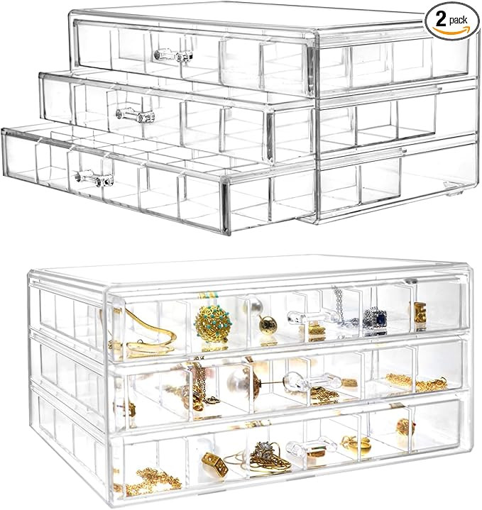 QWORK Clear Acrylic Earring Organizer Box with 3 Drawers and 72 Compartments Each- 2 Pack Stylish... | Amazon (US)