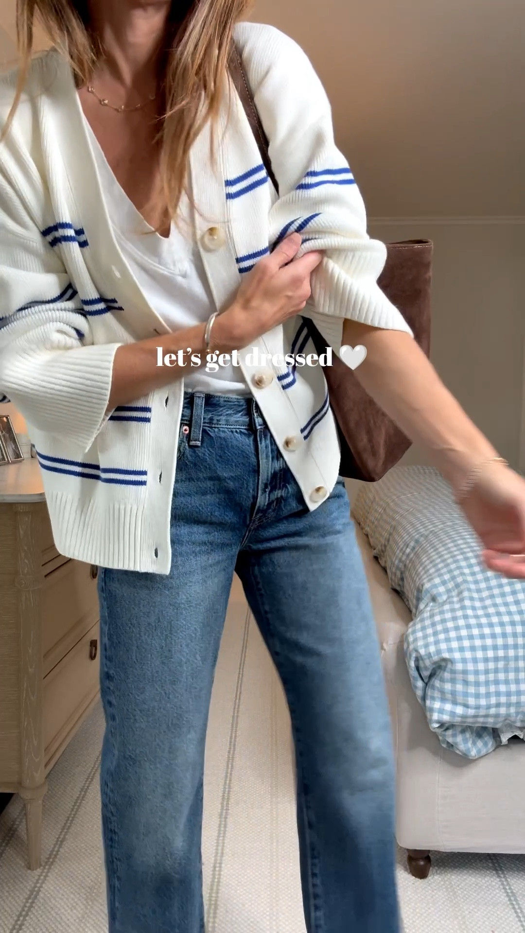 TGIF!!! 

So excited to share this outfit and a pleasantly unexpected new find. Cardigan is Lake! I’ve always loved their pajamas and I can tell you this cardigan is so cute and comfortable, giving elevated coastal Fall vibes. Perfectly oversized and looks great with jeans and a tee, over a dress or even over a pair of pajamas for a slow weekend morning. It’s definitely oversized so size down 1.  Also comes in a gorgeous Carmel double stripe that is 😍• Pistola Lexi Mid Rise has consistently been a favorite and best seller. A subtle curved leg makes these look special but effortless. Great pair of denim at a very reasonable price point for something so good. Use code MEG for a discount! • perfectwhitetee Alanis Cotton tee v-neck. I prefer a v-neck tee with a v-neck cardigan because they look so symmetric and show off the neckline. • Liffner Sprout Tote the absolute best Fall tote bag. • Margaux Fonteyn so comfortable and well made. Modern take on a classic. Soft, comfortable with no break in time • Amazon earrings, Dorsey Clemence necklace (especially important when wearing a v-neck), favorite Way-Farer sunnies. 

That’s all she wrote!

Sizing notes below:

Cardigan: Sized down to an XS. Vneck: Wearing a small. Jeans: Run tts, in a 25. Use MEG for a little $$ off. Flats run tts, in a 37. Also including a very similar pair (that I own and have worn on repeat for 2 years) if you're not looking to invest in the style

#LTKSeasonal #LTKStyleTip #LTKFindsUnder50