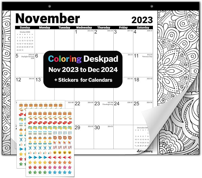 CRANBURY Coloring Desk Calendar 2024 - (13.25x17) Use Nov 2023 to Dec 2024, Doodle Deskpad Calend... | Amazon (US)