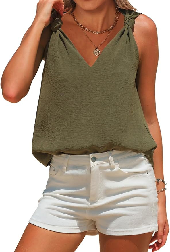 EXLURA Womens Summer Tank Top Business Casual V Neck Knotted Sleeveless Blouses Fashion Trendy Dr... | Amazon (US)