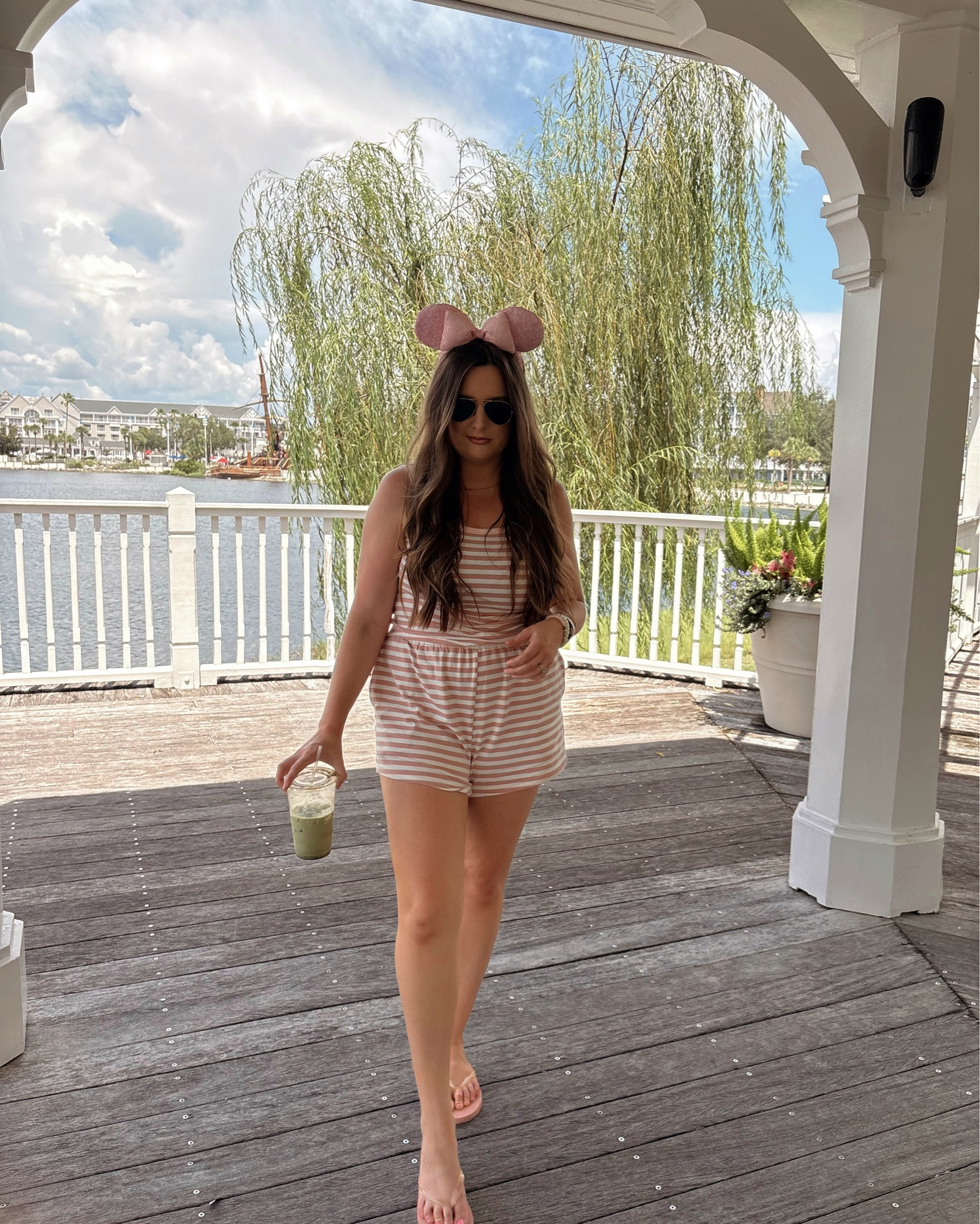 a matcha skyliner ride+ this Amazon striped set deserved a spot on the feed 🌸🫧🐭✨say SET for 🔗! size up if you want the shorts more flowy! 👏🏼 #disneyoutfit #amazonset #amazonoutfit #disneyoutfits #wdw