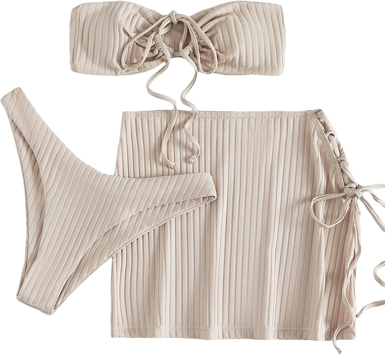 WDIRARA Women's 3 Piece Rib Bandeau Bikini Swimsuit with Lace Up Beach Skirt | Amazon (US)