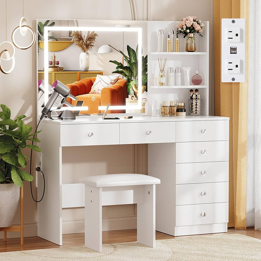 VOWNER Vanity with Lighted Mirror - 47" Makeup Vanity Desk with 7 Drawers, 3 Storage Shelves and ... | Amazon (US)