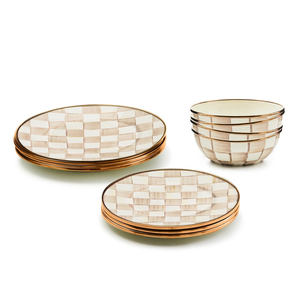 Mocha Check Dinnerware 12pc Complete Set | MacKenzie-Childs