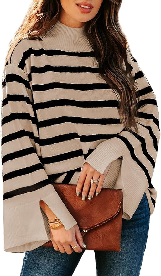 Dokotoo Womens Sweaters Fall 2023 Mock Neck Bell Sleeve Striped Ribbed Knitted Sweater Casual Loo... | Amazon (US)