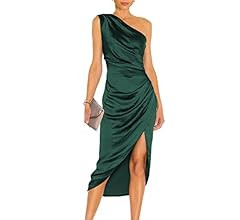 PRETTYGARDEN Women's Elegant Satin Midi Bodycon Dress 2023 Summer One Shoulder Ruched Wrap Cockta... | Amazon (US)