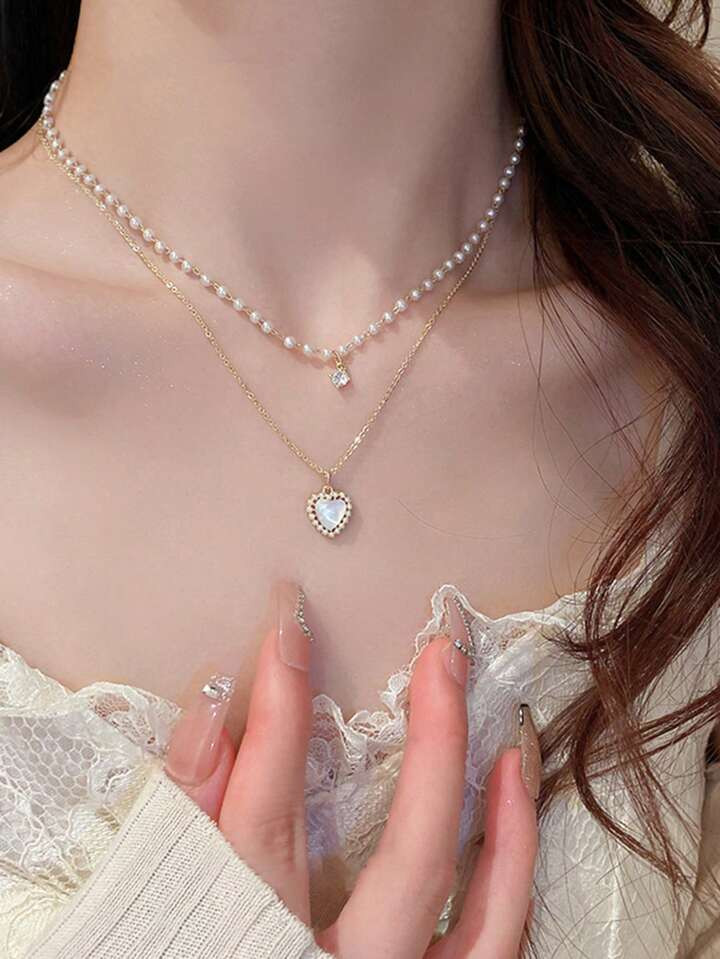 1 st Mode Zinklegering Cat Eye Steenvormige Hart Gelaagde Hanger Ketting Voor Vrouwen Voor Verjaa... | SHEIN