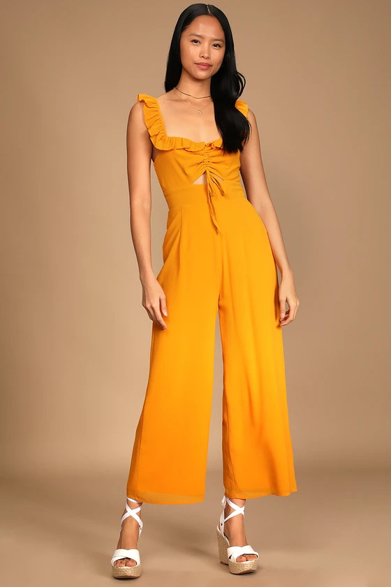 Love the Frills Yellow Ruffled Drawstring Wide-Leg Jumpsuit | Lulus (US)