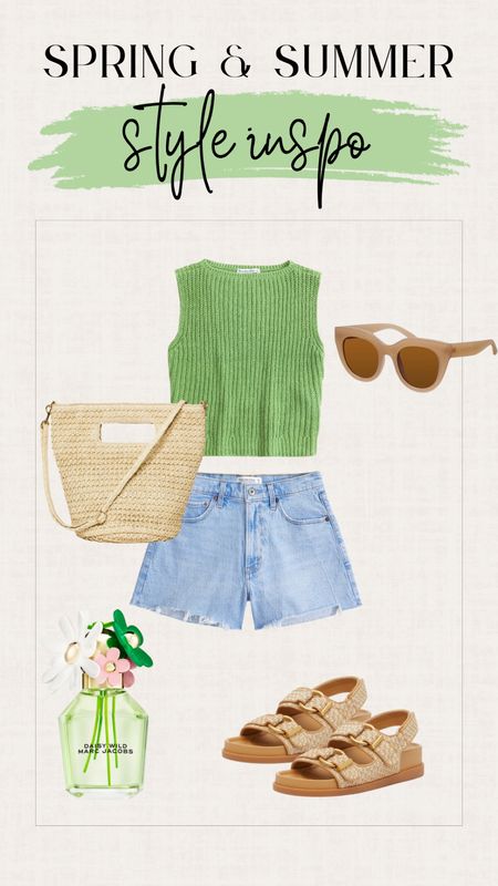 Green sweater tank top. Denim shorts. Woven bag. Summer outfit. Spring outfits. 

#LTKGiftGuide #LTKSeasonal #LTKsalealert