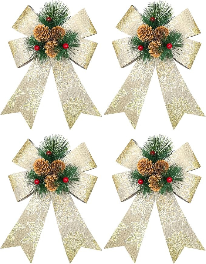 4 Pack Christmas Bows with Pine Cones and Berries,9.5X 6.7 Inches Gold Christmas Tree Topper Bow,... | Amazon (US)