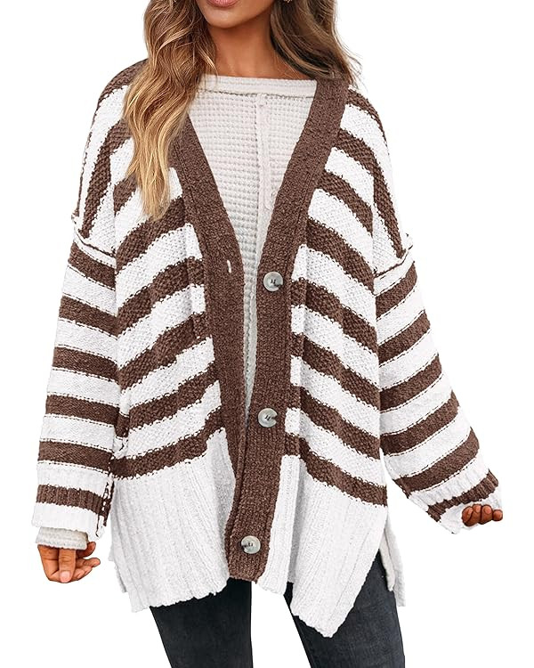 PRETTYGARDEN Women's Striped Cardigan Sweaters Long Sleeve Button Down Chunky Knit Oversized Fall... | Amazon (US)