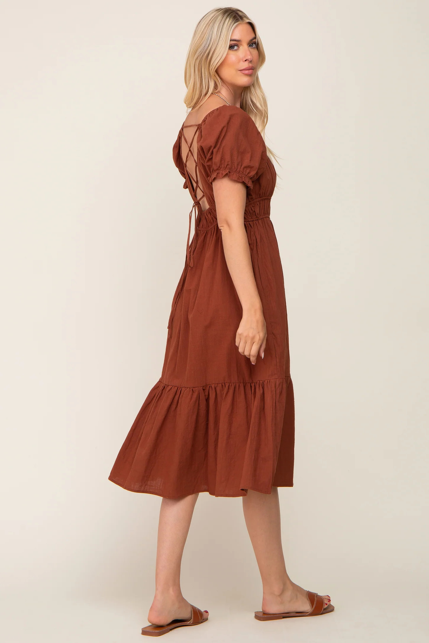 Camel Puff Sleeve Ruffle Hem Midi Dress | PinkBlush Maternity