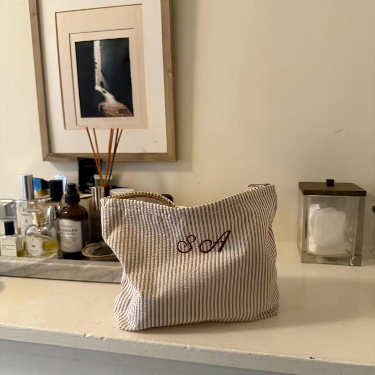 Embroidered Seersucker Makeup Bag and Cosmetic Pouch | Gift for Her | Mother's Day Gift | Cotton ... | Etsy (Global)