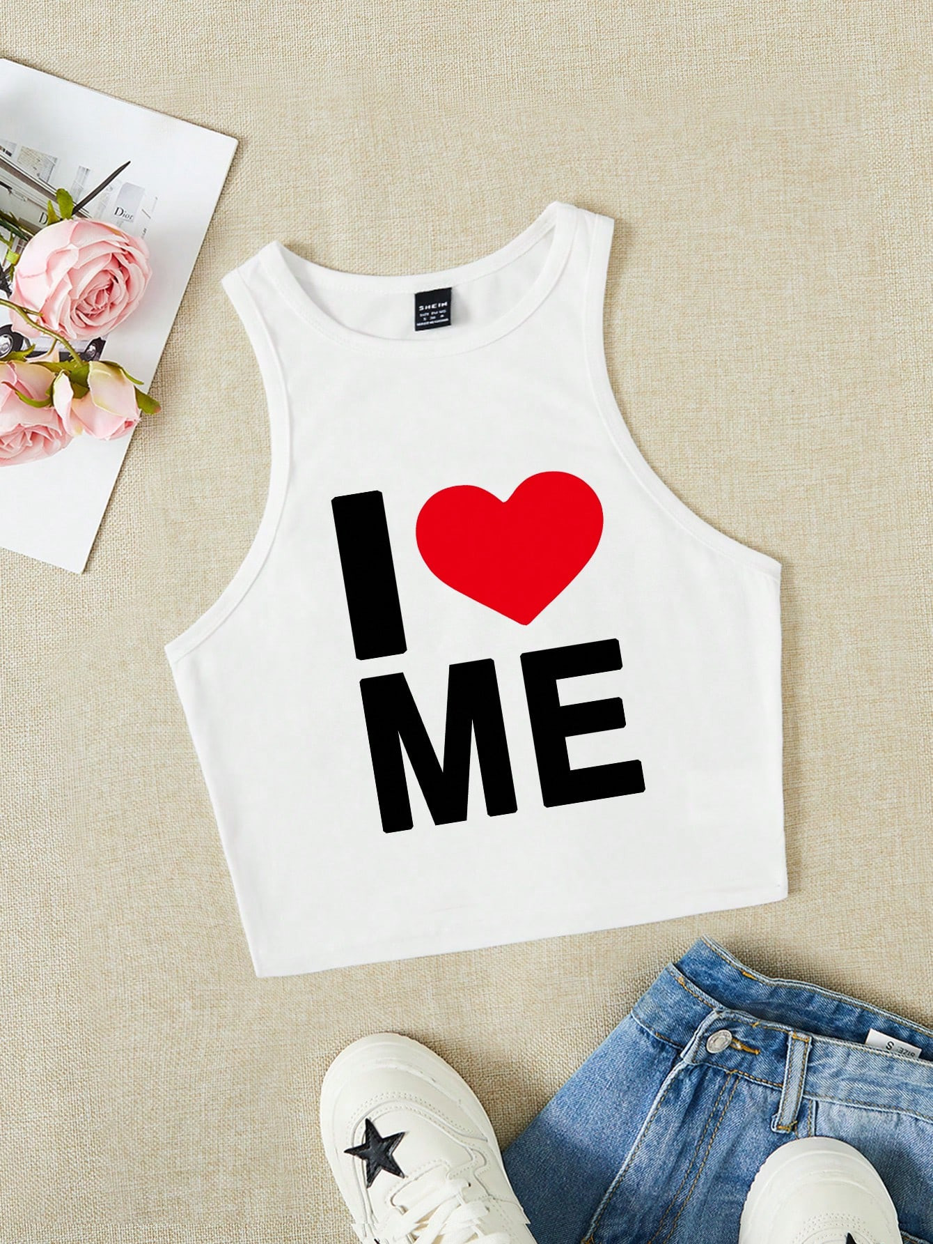 SHEIN EZwear Casual Summer Valentine's Heart Slogan Print Round Neck Cropped Fitted Tank Top For ... | SHEIN