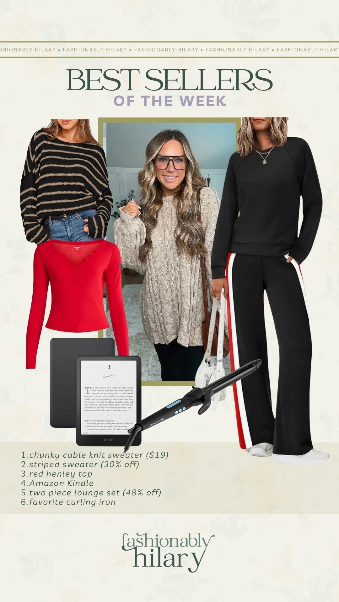 chunky cable knit sweater ($19)
striped sweater (30% off) 
red henley top 
Amazon Kindle
two piece lounge set (48% off)
favorite curling iron 

#LTKCyberWeek #LTKSeasonal #LTKHoliday