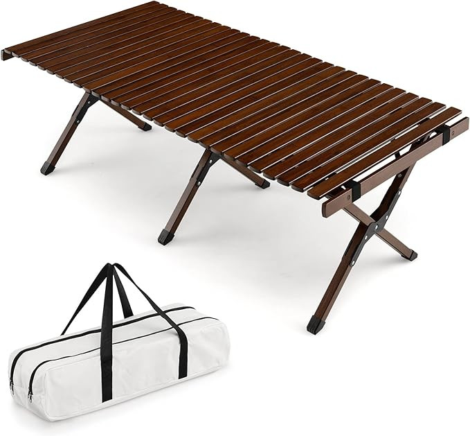 HAPPYGRILL Roll-up Folding Camping Table Portable Picnic Table with Carry Bag, Foldable Bamboo Ta... | Amazon (US)