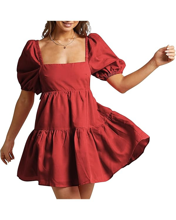 Shy Velvet Women's Casual Party Mini Summer Dresses Square Neck Short Bubble Sleeve Babydoll Dres... | Amazon (US)