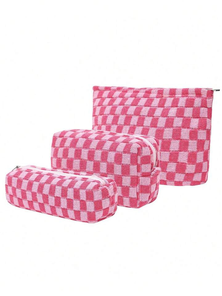 1/3Pcs Checkered Makeup Bag, Women Knitted Small Cosmetic Bag, Travel Makeup Pouch, Purse Zipper,... | SHEIN