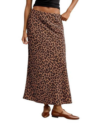 AIHUKOCY Women Leopard Printed Silk Satin Midi Skirts High Waist Elastic Waistband Sexy A Line Maxi Skirt | Amazon (US)