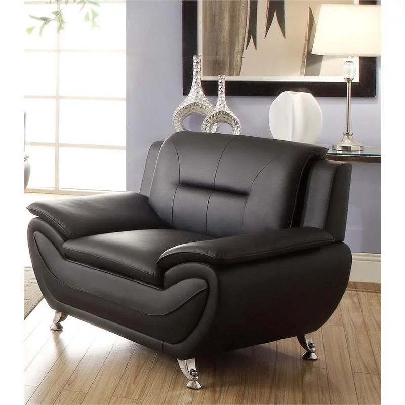 Kingway Furniture Ashely Solid Wood Accent Chair in Black Faux Leather - Walmart.com | Walmart (US)