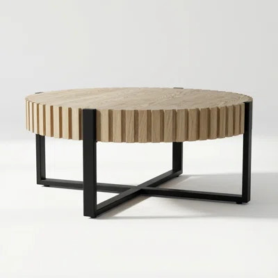 Modern Drum Coffee Table with Gear Design and Cross Metal Base, Compact Round Wood Grain MDF Top | Wayfair North America