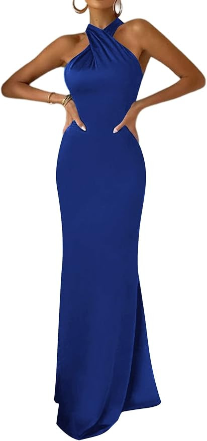 Rooscier Women's Satin Halter Neck Sleeveless Backless Ruched Mermaid Prom Maxi Dress | Amazon (US)