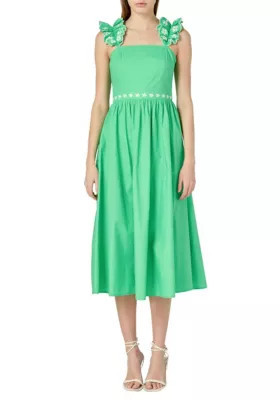 ENGLISH FACTORY Women's FLOWER EMBROIDERED RUFFLE MIDI DRESS, Green, Medium | Belk