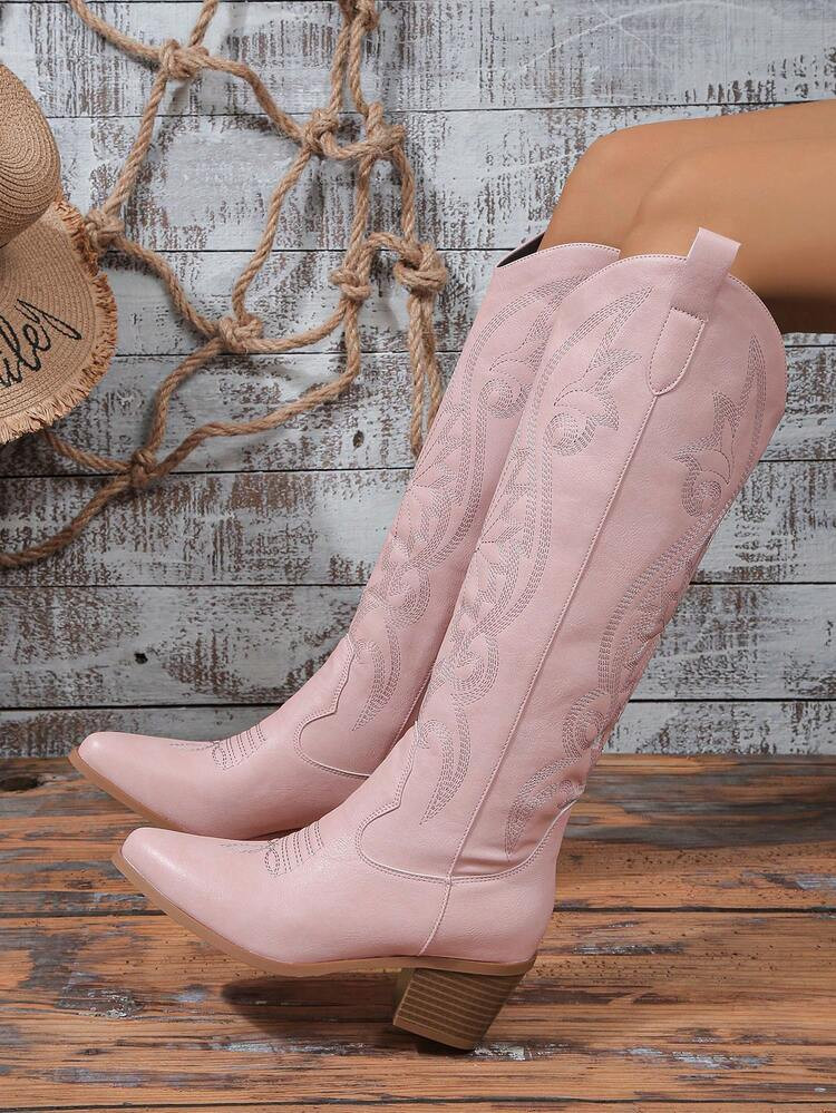 2025 Autumn/Winter New Women's Plus Size Pointed Toe Chunky Heel Embroidered Western Cowboy Knee-High Boots, Outdoor Fashion Slip-On,Party | SHEIN