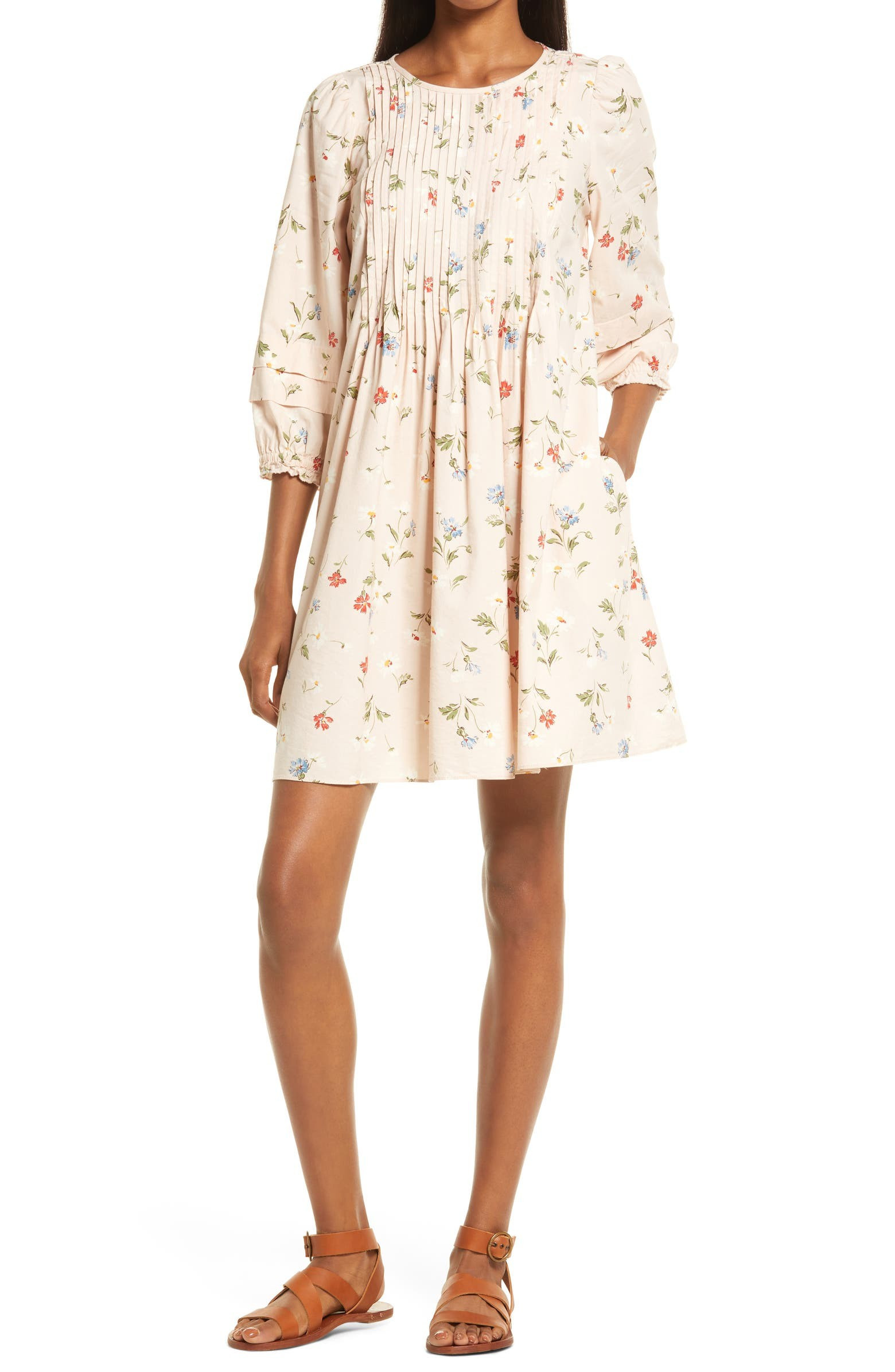 Seaside Floral Pintuck Puff Sleeve Minidress | Nordstrom | Nordstrom