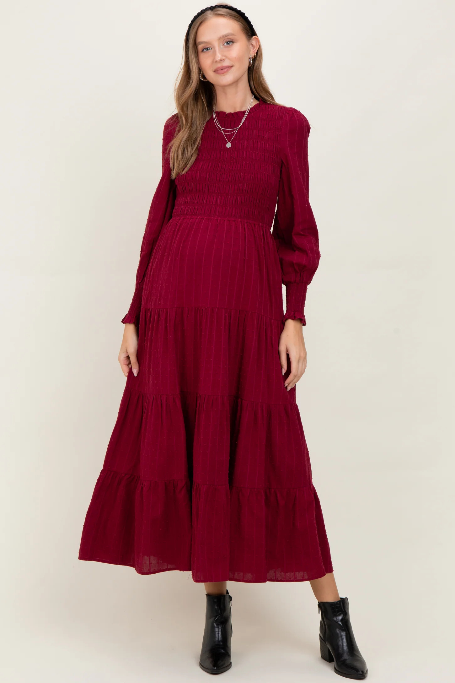 Burgundy Swiss Dot Smocked Tiered Maternity Maxi Dress | PinkBlush Maternity