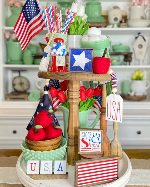 4th of July, Independence Day, Memorial Day farmhouse style tiered tray set! Red white & blue Ame... | Etsy (US)
