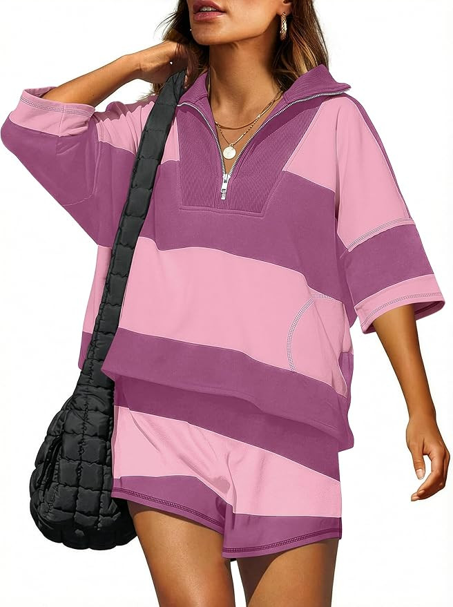 ANRABESS Striped Short Sets for Women 2 Piece Outfits Summer Casual Oversized Workout Athletisure... | Amazon (US)