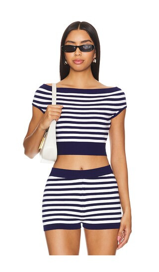 x REVOLVE Off The Shoulder Crop Top in Navy & White | Revolve Clothing (Global)