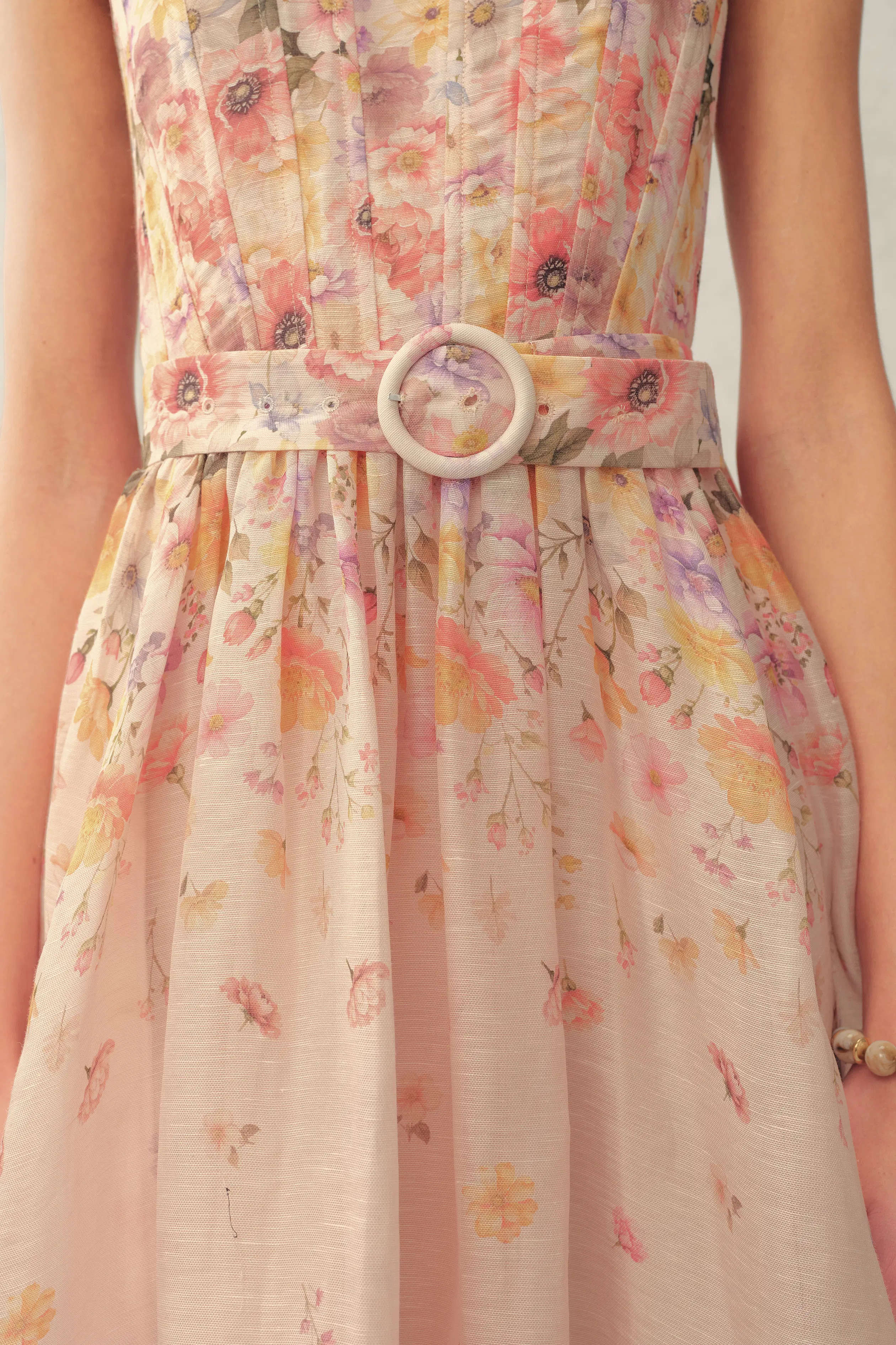 Lilac Handpainted Floral Smocked Belted Strap Dress in Silk Linen Orga | Fabrique