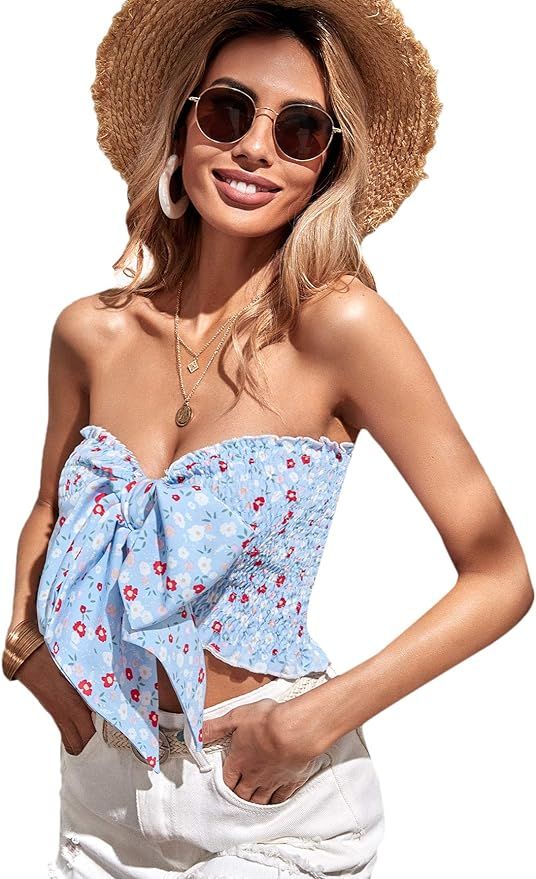SheIn Women's Floral Strapless Tops Tie Front Shirred Ruffle Sleeveless Tube Crop Top | Amazon (US)
