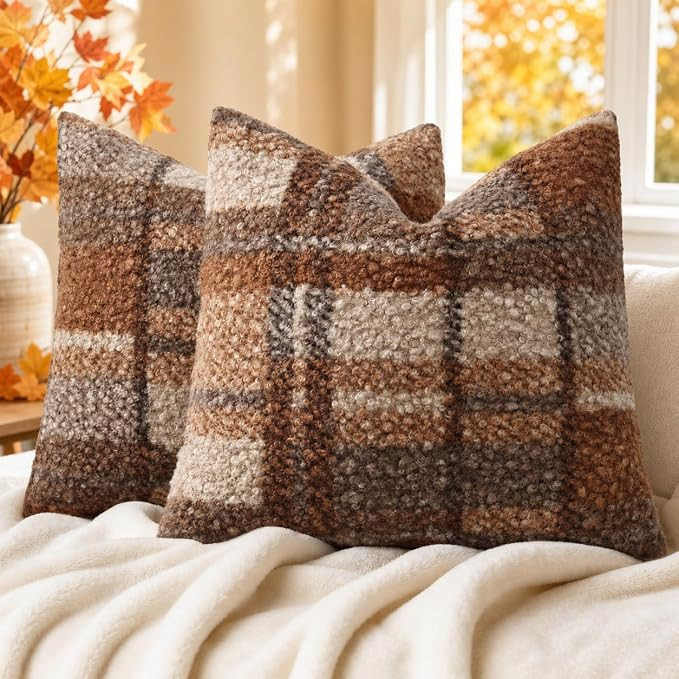 decorUhome Pack of 2 Boucle Plaid Check Faux Fur Fall Throw Pillow Covers 18x18 Inch, Decorative ... | Amazon (US)