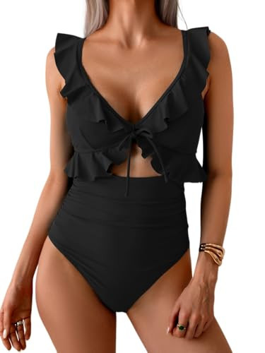 Eomenie One Piece Swimsuit for Women Tummy Control Ruffle Bathing Suit V Neck Ruched Swim Suit Slimming Cutout Swimwear Black | Amazon (US)