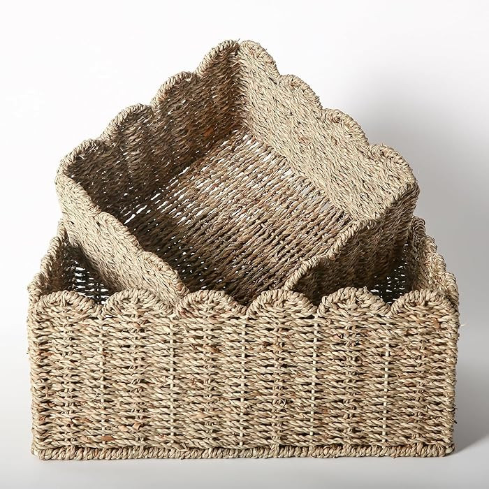 Scalloped Edge Basket, Wicker Storage Baskets, Hand Woven Baskets for Shelves,Natural Baskets for... | Amazon (US)