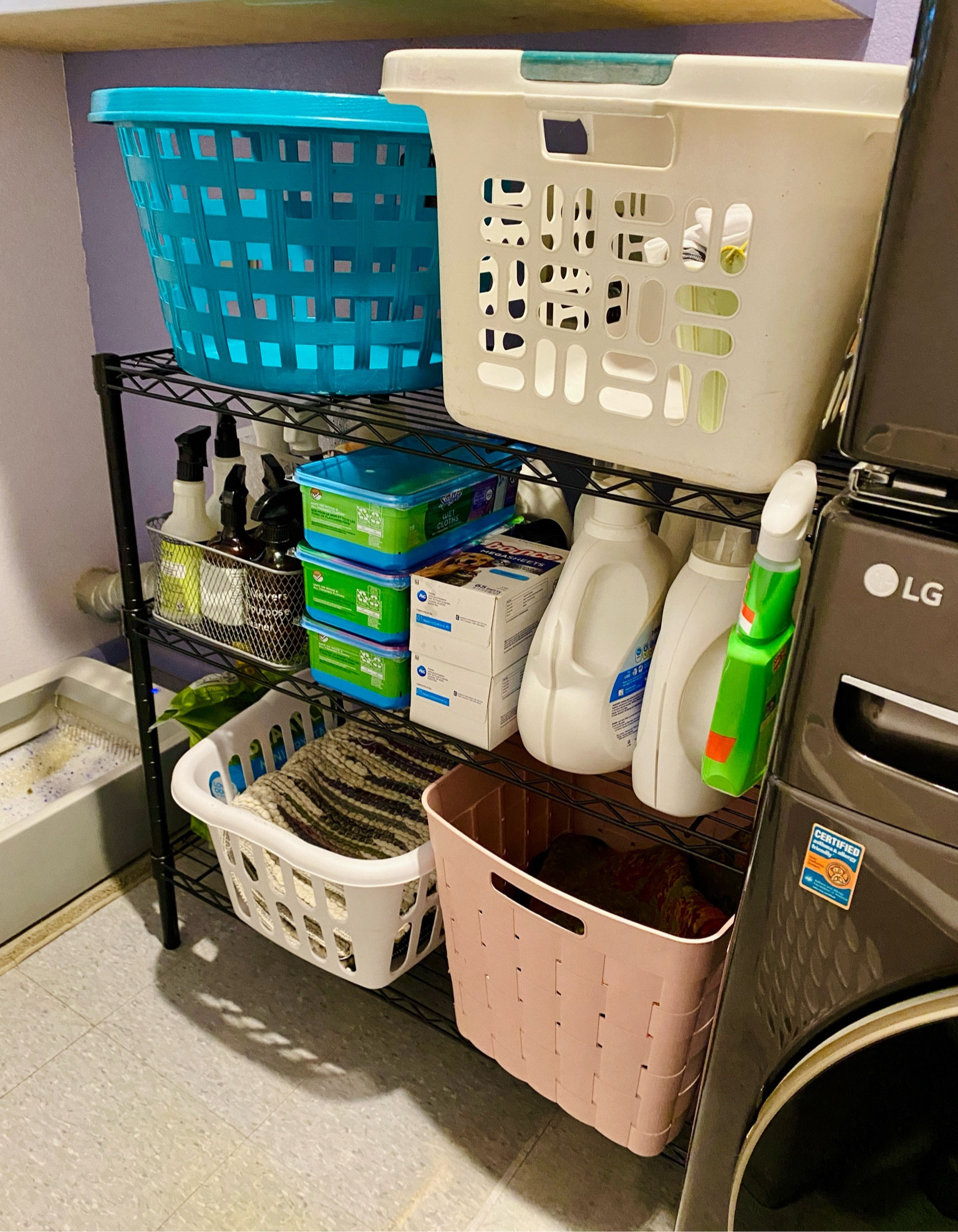 Laundry Room organization. Storage Rack - So many uses for these sturdy storage racks. Perfect for when you shop deals and store cleaning products, and for holding laundry baskets… Plus cat litter box self cleaning & mat. Some items on sale! #laundryroom #organization #springcleaning 

#LTKSaleAlert #LTKHome