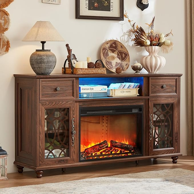 Farmhouse Fireplace TV Stand, 59" Entertainment Center with Electric Fireplace & LED Lights for T... | Amazon (US)