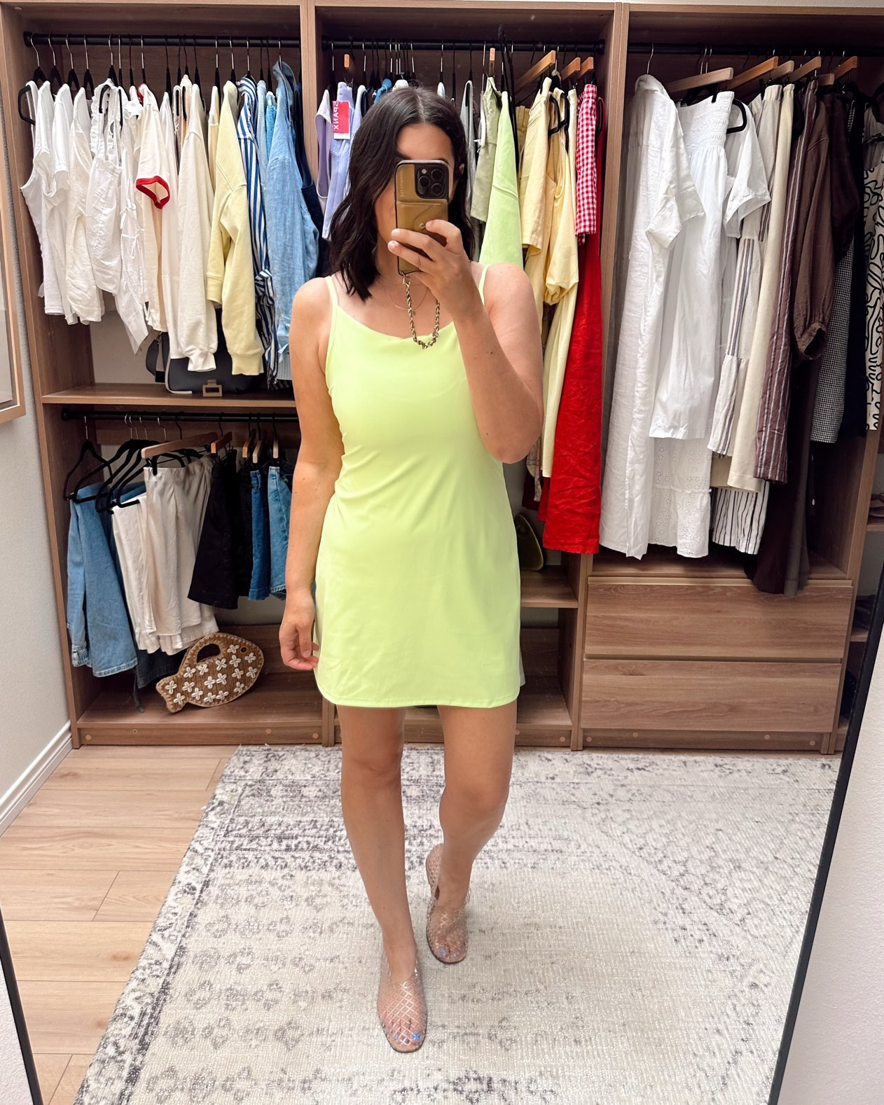 Love this green but it is definitely bright!!(There are other hues though if you like the dress, but want a different color.) 

I'm in the large and it's nice and roomy. The top has plenty of room and I love the length as well. There are built in shorts and they're comfortable, not too tight. No built in bra. 

I'm in the large of the sweatshirt, but it runs big! It's a perfect match. 

 