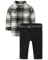 Baby Boys Dad And Me Long Sleeve Plaid Flannel Button Down Shirt And Belted Woven Chino Pants 2-P... | The Children's Place