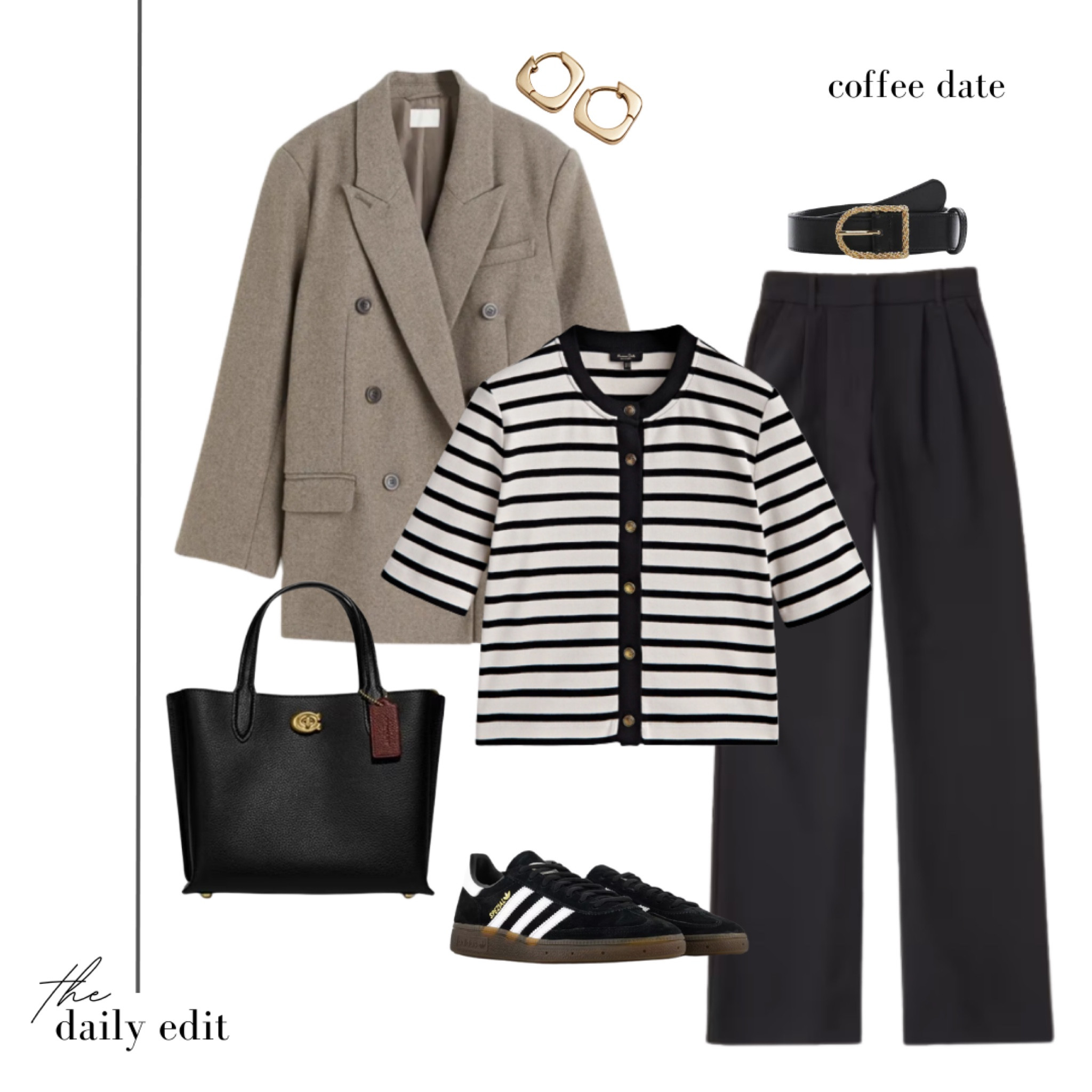 Go to coffee date outfit ☕️

Autumn outfit inspiration, autumn knitwear, autumn outfits, wool blazer, blazer coat, black wide leg trousers, Abercrombie trousers, Massimo Dutti striped knit, stripe knitwear, neutral outfit, black accessories, adidas samba, adidas trainers, timeless style, casual smart, what to wear today, styling tips, workwear outfit, quiet luxury

#LTKSeasonal #LTKeurope #LTKstyletip