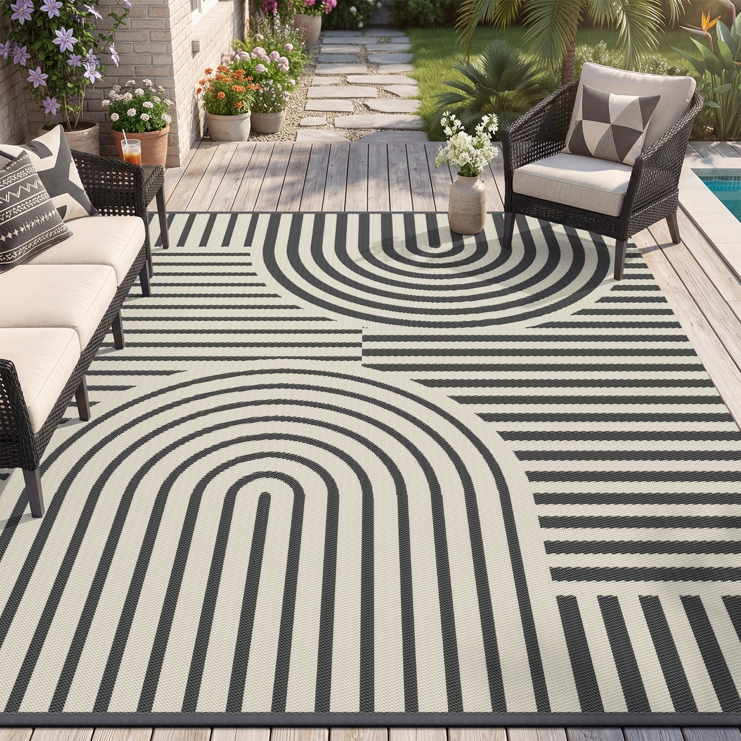 VUNATE Outdoor Rug Carpet 5'x8' Waterproof Reversible Patio Rug Portable Boho Indoor Outdoor Rug Plastic Straw Rug for Beach RV Camping Garden Picnic Deck Backyard Modern Porch Decor Gray and Beige | Walmart (US)