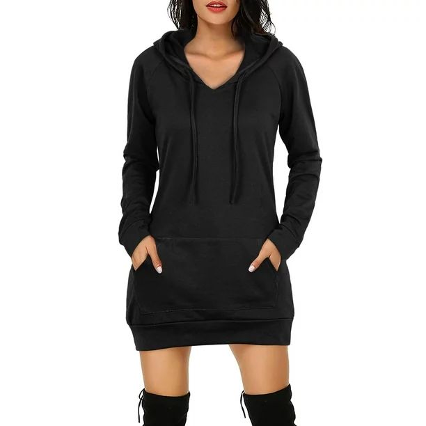 Women's Fashion Mid Length Threaded Hooded Sweater Dress Casual V Neck Pocket Long Sleeve Sweater... | Walmart (US)