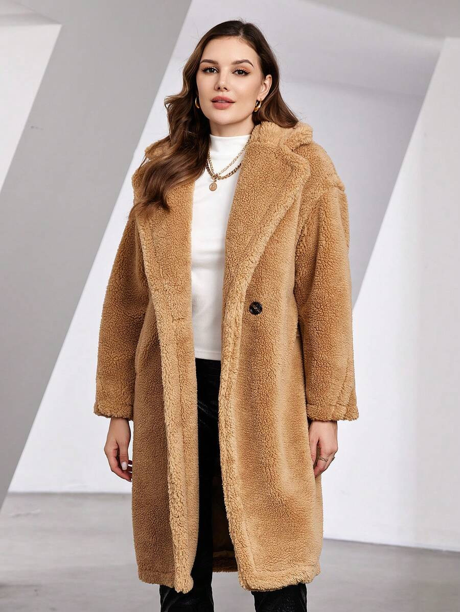 ZIAI Lapel Neck Drop Shoulder Teddy Coat | SHEIN