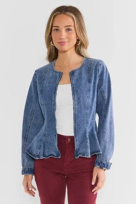 Medium Wash Denim Peplum Jacket | Avara
